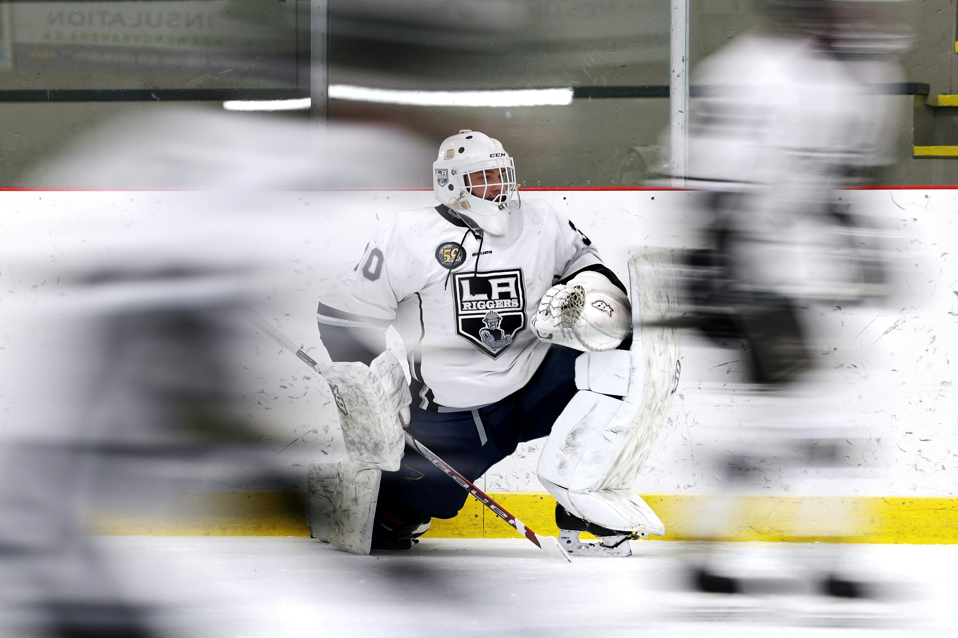 STRATHCONA COUNTY, AB - January 21: Leduc Riggers goaltender Logan Goofers #30 stretches a before Capital Junior Hockey League game against the Strathcona Bruins at the Strathcona Olympiette Centre in Strathcona County, AB on January 21st, 2024. (Photo by James Maclennan)