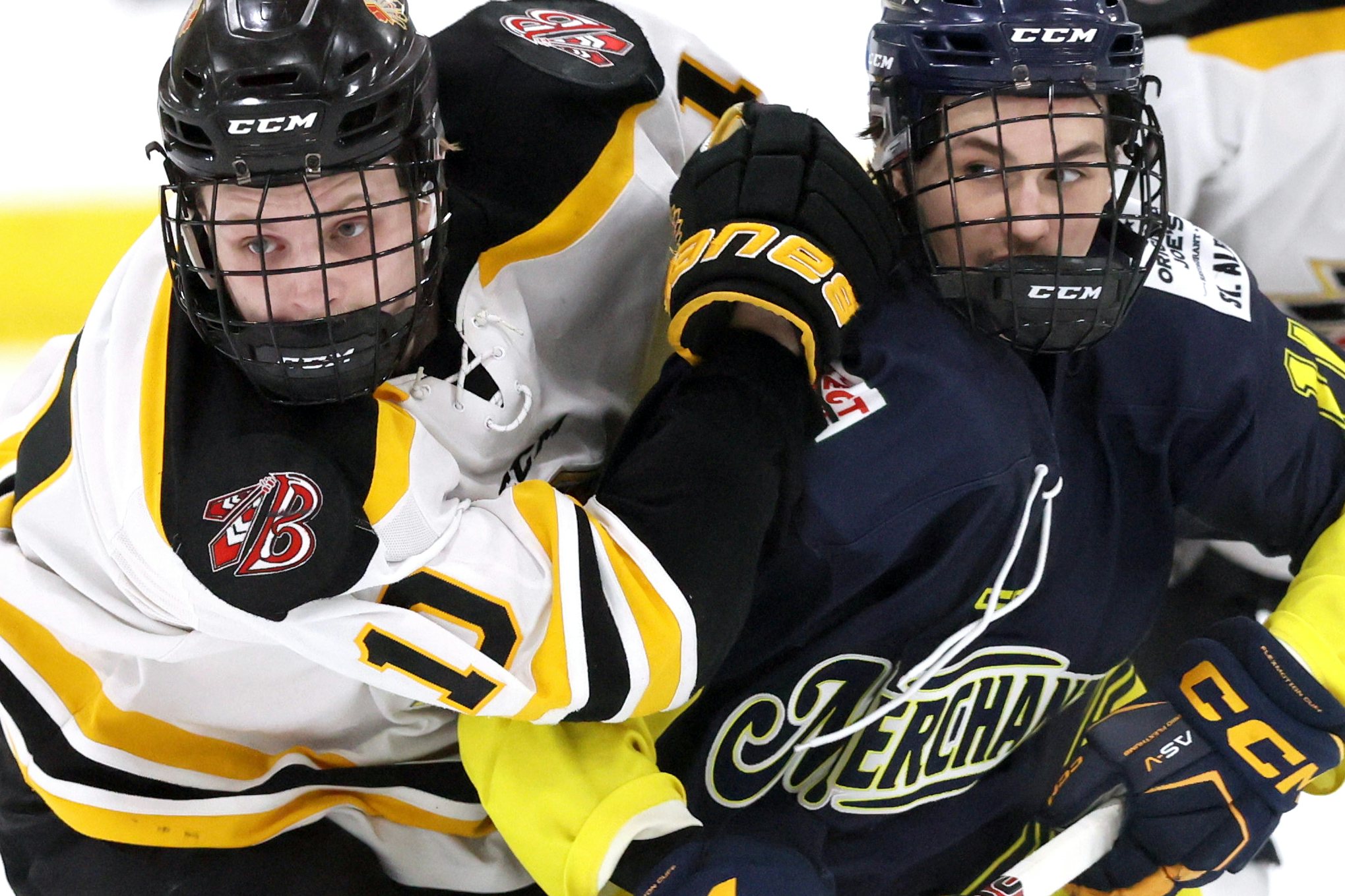 ST. ALBERT, AB - March 16: Beaumont Chiefs right winger Ty Bouyea #10 battles XXXX XXXX #XX of the St. Albert Merchants during Capital Junior Hockey League play at Jarome Iginla Arena in St. Albert, AB on March 16th, 2024. (Photo by James Maclennan)