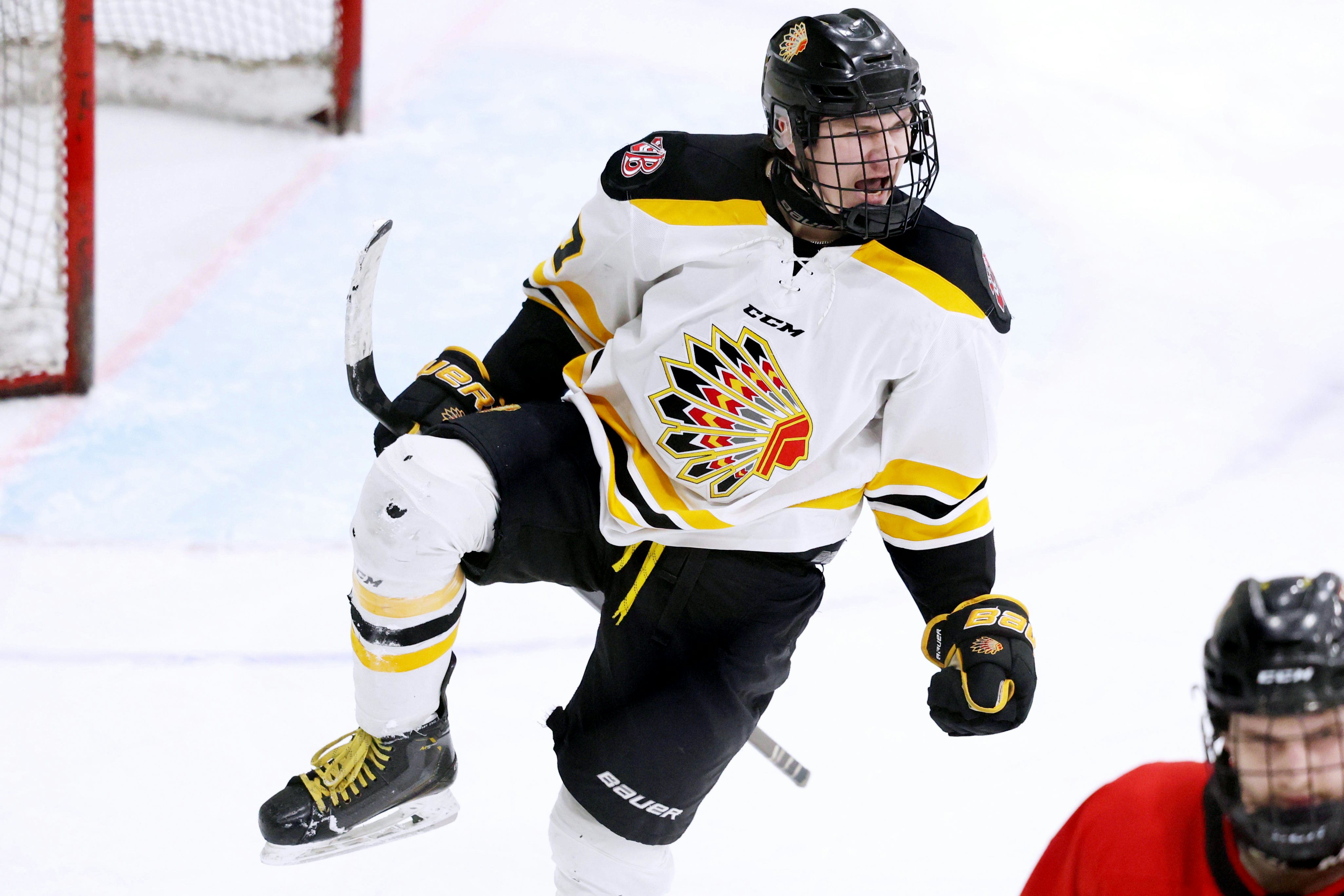 FT. SASKATCHEWAN, AB - January 21: Beaumont Chiefs forward Jake Gerhardt celebrates a goal against the Fort Saskatchewan Hawks during CJHL gameplay in Fort Saskatchewan, AB on January 21st, 2024. (Photo by James Maclennan)